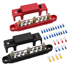 Load image into Gallery viewer, Mofeez Bus Bar -3x1/4”Post,10x#8 Screw Terminal Power Distribution Block with Ring Terminals(Pair - Red &amp; Black)
