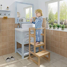 Load image into Gallery viewer, AMBIRD Toddler Step Stool, 3 Adjustable Height Kitchen Step Stool for 18-48 Months Kids, Wooden Toddler Kitchen Stool with Rail &amp; Non-Slip Mat for Kitchen &amp; Bathroom Sink (Natural Color)
