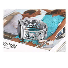 Load image into Gallery viewer, Secbolt Carved Flower Bling Bands Compatible with Apple Watch Band 38mm 40mm 41mm iWatch Series 7/6/5/4/3/2/1/SE, Stainless Steel Dressy Jewelry Diamond Bracelet Bangle Wristband Women, Silver
