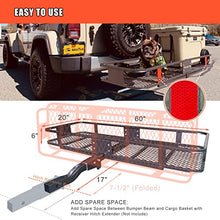 Load image into Gallery viewer, MeeFar Folding Hitch Mount Cargo Carrier Basket 60" X 20" X 6"+Waterproof Cargo Bag 16 Cubic Feet(58" 19" 24"),Hauling Weight Capacity of 500 Lbs and A Folding Arm.with Hitch Stabilizer,Net and Straps
