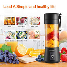 Load image into Gallery viewer, Portable Blender, Aillary Personal Size Blender Shakes and Smoothies,Six Blades Household Fruit Mixer,13oz Mini Battery Cordless Travel Jucier Cup USB Rechargeable (Black)
