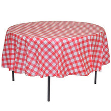 Load image into Gallery viewer, Exquisite 12 Pack Premium Round Plastic Checkered BBQ Tablecloth - Red &amp; White Gingham Checkerboard Disposable Plastic Tablecloth 84 inch. Round
