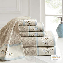 Load image into Gallery viewer, Madison Park Serene Floral Embroidered 100% Cotton Jacquard Ultra Soft Absorbent Bathroom Towel Set Shower Hand Face Washcloths, See Below, Blue
