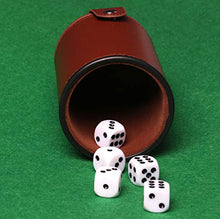 Load image into Gallery viewer, RERIVER PU Leather Dice Cup Set with Storage Compartment Felt Lining Shaker with 5 Dot Dices for Farkle Yahtzee Games Playing Birthday Gift,Brown
