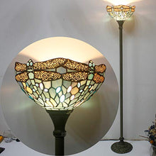 Load image into Gallery viewer, Tiffany Style Torchiere Light Floor Standing Lamp Wide 12 Tall 66 Inch Sea Blue Stained Glass Crystal Bead Dragonfly Lampshade for Living Room Bedroom Antique Table S147 WERFACTORY
