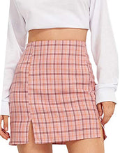 Load image into Gallery viewer, WDIRARA Women's Plaid Skirt High Waist Split Front Zip Up Mini Bodycon Skirt Light Pink M
