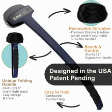 Load image into Gallery viewer, Bearback Back Scrubber: Premium Bath/Shower Back &amp; Body Silicone Scrubber with Long Extendable Folding Handle for Adults/Men/Women/Elderly. Removable Scrubber. American Small Business (Navy)
