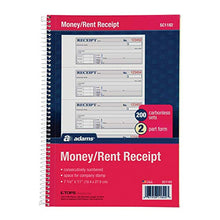 Load image into Gallery viewer, Adams Money and Rent Receipt Book, 2-Part Carbonless, 7-5/8" x 11", Spiral Bound, 200 Sets per Book, 4 Receipts per Page (SC1182), White/Canary
