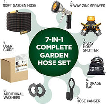 Load image into Gallery viewer, Garden Hose Expandable Set 100ft - Superior Strength 3750D / 4-Layers Latex/Extra-Strong Brass Connectors / 10-Way Durable Zinc Water Spray Nozzle, 2-Way Pocket Flexible Splitter (100 feet)
