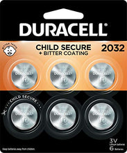 Load image into Gallery viewer, Duracell CR2032 3V Lithium Battery, Bitter Coating Discourages Swallowing, 6 Count Pack, Lithium Coin Battery for Key Fob, Car Remote, Glucose Monitor, CR Lithium 3 Volt Cell
