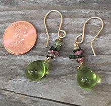 Load image into Gallery viewer, Tourmaline Gemstone Chip Earrings with Green Czech Glass Drops 1.1 in. 14 KT GF Ear Wires
