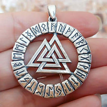 Load image into Gallery viewer, Valknut Pendant Necklace Sterling Silver Triangle Odin Knot in Runic Circle Mens Viking Norse Celtic Jewelry for Men Women Nordic Rune Amulet Talisman Handmade
