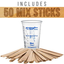 Load image into Gallery viewer, TCP Global 10 Ounce (300ml) Disposable Flexible Clear Graduated Plastic Mixing Cups - Box of 100 Cups &amp; 50 Mixing Sticks - Use for Paint, Resin, Epoxy, Art, Kitchen - Measuring Ratios 2-1, 3-1, 4-1 ML
