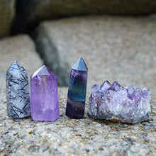 Load image into Gallery viewer, Mimosa Healing Crystal Wands,Mini Size Natural Crystal Quartz Standing Point|1-2.5'' Amethyst Crystal,Rainbow Fluorite Crystal &amp;Natural Black Tourmaline in Quartz Crystal Tower&amp;Deep Amethyst Cluster
