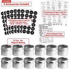 Load image into Gallery viewer, Set of 12 Magnetic Spice Tins with 12 Window-Top Sift and Pour Lids, 269 Preprinted Seasoning Label Stickers in 2 Styles for 3 oz Herb Jars
