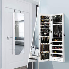 Load image into Gallery viewer, Giantex Wall Door Jewelry Armoire Cabinet with Full-Length Mirror, 2 LEDs Lockable Large Storage Jewelry Organizer with Wide Mirror, Makeup Pouch, Bracelet Rod, Jewelry Amoires w/ 2 Drawers (White)
