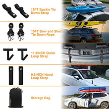 Load image into Gallery viewer, Forauzon Universal Car Soft Roof Rack Pads, Cargo Rack System for Kayak /Surfboard/ SUP/ Canoe with 2 Buckle Tie Down Straps, 2 Tie Down Ropes, 2 Quick Loop Straps, 2 Hood Loop Straps and Storage Bag
