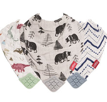 Load image into Gallery viewer, Nuby Reversible 100% Natural Cotton Muslin 3 Piece Teething Bib, Green/Grey/Blue, Dinosaur/Bear/Stripes
