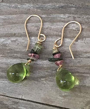 Load image into Gallery viewer, Tourmaline Gemstone Chip Earrings with Green Czech Glass Drops 1.1 in. 14 KT GF Ear Wires
