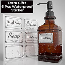Load image into Gallery viewer, GLADPURE Soap Dispenser 2 Pack, Hand Soap Dispensers with 18 Oz Antique Design Thick Amber Glass Bottle, 316 Rust Proof Stainless Steel Black Pump, 6Pcs Stickers, for Lotion, Soap, Essential Oil
