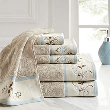 Load image into Gallery viewer, Madison Park Serene Floral Embroidered 100% Cotton Jacquard Ultra Soft Absorbent Bathroom Towel Set Shower Hand Face Washcloths, See Below, Blue
