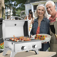 Load image into Gallery viewer, Propane Tabletop Grill, Two-Burner, Stainless Steel Gas Grill Portable 2000 BTU BBQ Grid with Foldable Legs for Outdoor Camping Picnic EASY SETUP
