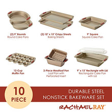 Load image into Gallery viewer, Rachael Ray 52410 Cucina Nonstick Bakeware Set with Baking Pans, Baking Sheets, Cookie Sheets, Cake Pan, Muffin Pan and Bread Pan - 10 Piece, Latte Brown with Cranberry Red Grip
