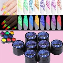 Load image into Gallery viewer, Mzthkly 8pcs Sugar Nail Art Luminous Spider UV Gel Polish, Neon Fluorescent Effect Gel DIY, Spider Gel for Nail Art Glow in The Dark, Paint Design Art Kit Wire Drawing Nail Gel
