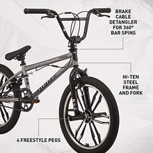 Load image into Gallery viewer, Mongoose Legion Mag Freestyle Sidewalk BMX Bike for Kids, Children and Beginner-Level to Advanced Riders, 20-inch Wheels, Hi-Ten Steel Frame, Micro Drive 25x9T BMX Gearing, Silver
