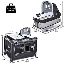 Load image into Gallery viewer, BABY JOY 4 in 1 Portable Baby Playard with Bassinet, Changing Table, Foldable Bassinet Bed &amp; Activity Center, Newborn Napper with Toys &amp; Music, Large Capacity Storage Shelf, Oxford Carry Bag (Grey)

