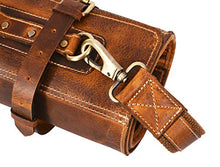Load image into Gallery viewer, Leather Knife Roll Storage Bag | Elastic and Expandable 10 Pockets | 6 Leather Pocket | Adjustable/Detachable Shoulder Strap | Travel-Friendly Chef Knife Case Roll By Aaron Leather (Caramel, Leather)

