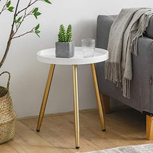 Load image into Gallery viewer, HuiDao Round Side Table Wooden Tray Table with Metal Tripod Stand Nightstand Coffee Table End Table for Living Room Bedroom Office Small Spaces, 18" H x 15”D (White &amp; Gold)
