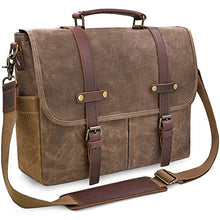 Load image into Gallery viewer, Mens Messenger Bag 15.6 Inch Waterproof Vintage Genuine Leather Waxed Canvas Briefcase Large Satchel Shoulder Bag Rugged Leather Computer Laptop Bag, Brown
