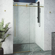 Load image into Gallery viewer, VIGO VG6021MGCL6076 3.0"L -60.0"W -76.0"H Elan Frameless Sliding Rectangle Shower Door with Clear Tempered Glass and Stainless Steel Hardware in Matte Gold Finish with Reversible Handle
