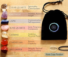 Load image into Gallery viewer, Tibetan Singing Bowl Set - Easy to Play - 7 Chakra Crystal stones with Interchangeable Cage Pendant - Handcrafted in Nepal for Meditation, Mindfulness, Yoga, and Spiritual healing - Energy Cleansing
