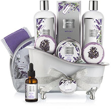 Load image into Gallery viewer, Bath Gift Basket Set for Women: Relaxing at Home Spa Kit Scented with Lavender and Jasmine - Includes Large Bath Bombs, Salts, Shower Gel, Body Butter Lotion, Bath Oil, Bubble Bath, Loofah and More
