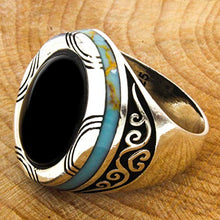 Load image into Gallery viewer, Solid 925 Sterling Silver Rings for Men Turkish Handmade Onyx Stone with Simulated Turquoise Luxury Design Premium Quality (14.75)
