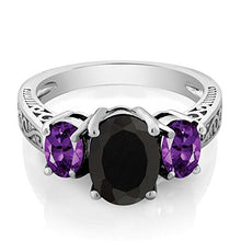 Load image into Gallery viewer, Gem Stone King 2.53 Ct Oval Black Onyx &amp; Purple Amethyst 925 Sterling Silver 3-Stone Gemstone Women's Ring (Size 5)

