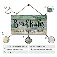 Load image into Gallery viewer, Beach Rules Weathered Wood Plank Design Wall Hanging Sign - Relax Unwind Enjoy - Beach Wall Decor Wood Quote Signs 11.5" by 6"
