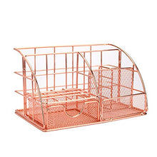 Load image into Gallery viewer, Yarlung Mesh Rose Gold Desk Organizer with 5 Compartments and Sliding Drawer, Multifunctional Office Supplies Holder, Desk Accessories Collection for Women and Men
