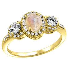 Load image into Gallery viewer, 14k Yellow Gold Diamond Genuine Rainbow Moonstone Halo Engagement Ring Oval 7x5mm, size 5.5
