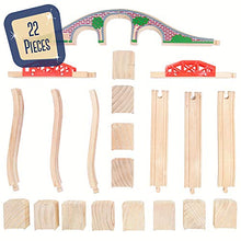Load image into Gallery viewer, Bridge Bonanza! Deluxe Train Track Set (22 pcs.) - Includes 2 Rail Bridges, 2 Brick Bridges, 6 Ascending Tracks, 12 Risers Wooden Track Pieces - Compatible with Major Brands - Classic Hobby Toy
