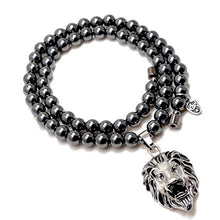Load image into Gallery viewer, Accents Kingdom Men's Magnetic Hematite Round Bead Necklace with Stainless Steel Lion Head Pendant 22"
