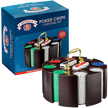 Load image into Gallery viewer, Brybelly Poker Chips - Poker Set with Wood Carousel Case for Casino Party, Texas Holdem, Blackjack and Family Game Night - 200 Count
