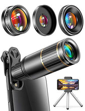 Load image into Gallery viewer, CoPedvic Phone Camera Lens Phone Lens for iPhone Samsung Pixel Android, 22X Telephoto Lens, 4K HD 0.67X Super Wide Angle Lens&amp;25X Macro Lens, 205° Fisheye Lens, Work as Telescope with Metal Tripod

