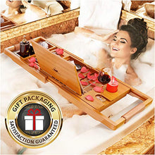 Load image into Gallery viewer, Your Majesty YM Lux Craft Bamboo Bathtub Caddy Tray [Durable, Non-Slip], 1-2 Adults Expandable Bathtub Tray, Beautiful Gift Box, Fits Any Tub Bath - Holds Book, Wine, Phone, Ipad, Laptop
