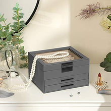 Load image into Gallery viewer, SONGMICS Jewelry Box with Glass Lid, 3-Layer Jewelry Organizer with 2 Drawers, Gift for Loved Ones, Gray UJBC239GY
