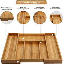 Load image into Gallery viewer, Bamboo Silverware Drawer Organizer Kitchen, Expandable Utensil Holder and Cutlery Tray with Divider | 13"-21.6" Flatware Storage and Removable Knife Block

