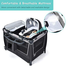 Load image into Gallery viewer, BABY JOY 4 in 1 Portable Baby Playard with Bassinet, Changing Table, Foldable Bassinet Bed &amp; Activity Center, Newborn Napper with Toys &amp; Music, Large Capacity Storage Shelf, Oxford Carry Bag (Grey)
