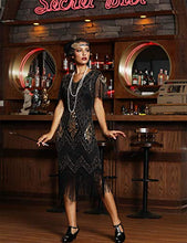 Load image into Gallery viewer, PrettyGuide Women's 1920s Dress Art Deco Sequin Fringed Flapper Dress L Black Green
